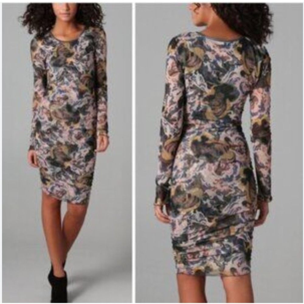 Elizabeth and James Pink Blue Abstract Floral Mesh Long Sleeve Midi Dress